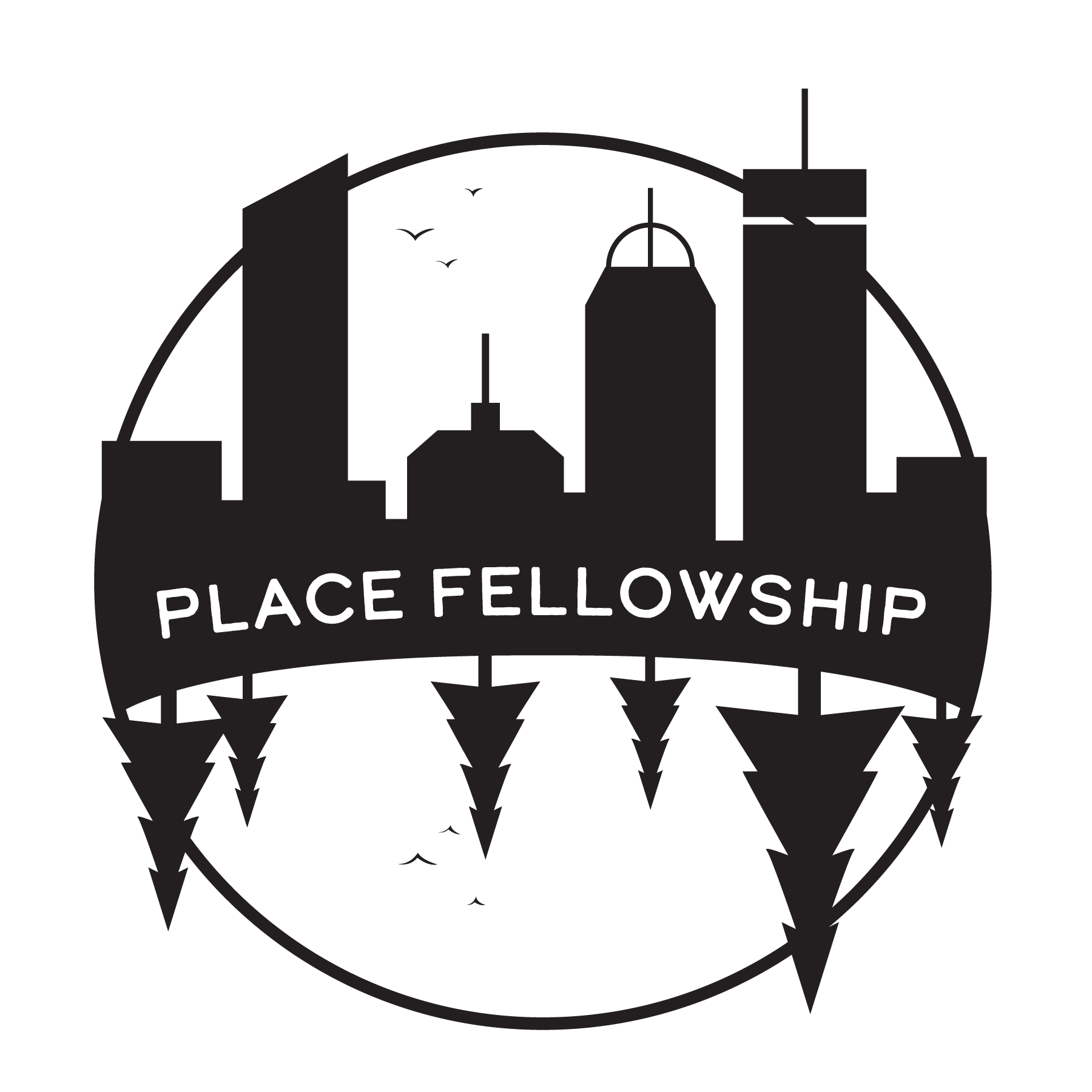 PLACE Fellowship logo features the silhouette of a forest in mirror reflection of a cityscape with the program title between them