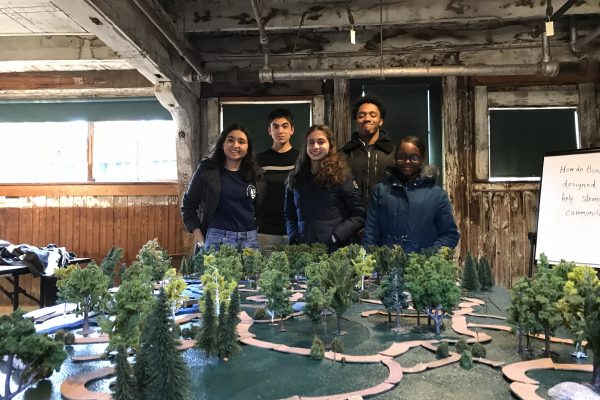 Spring 2018 PLACE Fellows at a 3D model of an Olmsted park